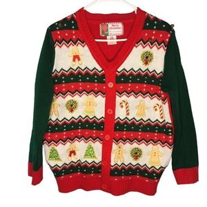 Holiday Christmas Sweater Small Red  Long Sleeve Fleece Cozy V-Neck Candy Cane